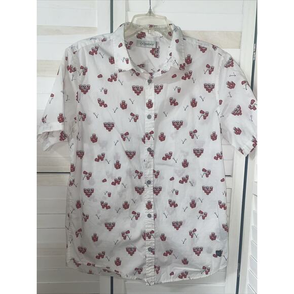 Departwest Beer Pong Short Sleeve Button Up Shirt White Red Men's Size Medium - Picture 2 of 8